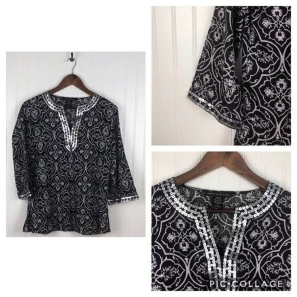 Marina Luna Black Silver Medallion‎ Print Sequin Neckline Tunic Top Women Size M